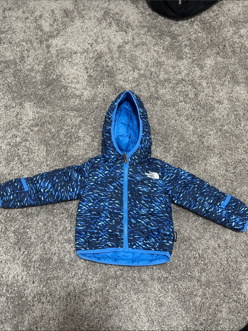 The North Face Blue Multi-Pattern Hooded Puffer Jacket